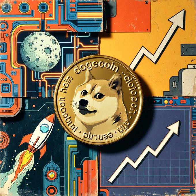 A stylized Dogecoin featuring the Shiba Inu is centered in a colorful collage with a rocket ship, a moon, circuit boards, and upward-trending arrows indicating growth.