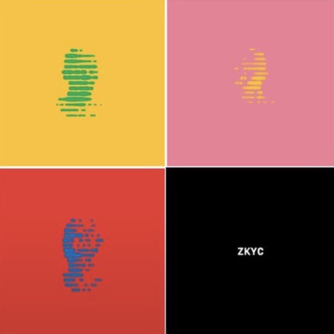 A four-panel graphic with yellow, pink, and red quadrants each containing a pixelated microphone icon in green, yellow, or blue, with the bottom right black panel showing 'ZKYC'.