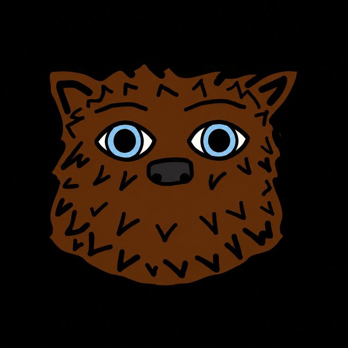 A simple digital illustration of a brown bear or bear-like creature's face with large blue eyes and a black nose on a black background.