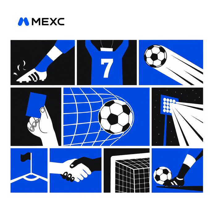 A MEXC-branded grid of nine football-themed illustrations—including a cleated foot, a jersey with the number 7, a ball hitting a net, a referee's card, a corner flag, a handshake, and a goal kick—visually ties into the "MEXC Kickoff Fest" campaign, symbolizing the drive, teamwork, and momentum associated with both football and crypto trading.