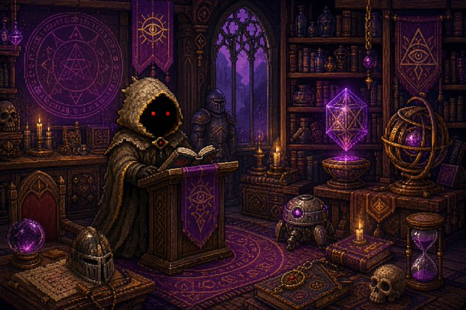 Pixel art scene of a hooded dark mage with glowing red eyes reading from a book in a gothic arcane library, surrounded by glowing purple crystals, skulls, and mystical artifacts.