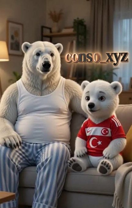 A 3D-rendered image of two anthropomorphic polar bears sitting on a couch, one in a tank top and striped pants, the other wearing a Turkish football jersey, with watermark 'conso_xyz'.