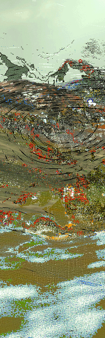 A heavily distorted, glitch-art style image shows what appears to be a landscape with a swirling, pixelated vortex pattern in browns, reds, and blues.