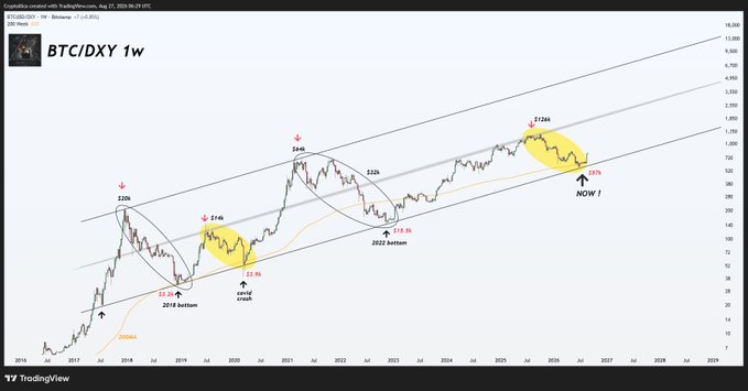 A weekly TradingView chart of BTC/DXY from 2016 to 2029, highlighting historical cycle bottoms ($3.2k in 2018, $15.5k in 2022) and a current projected dip to ~$55k, with yellow ellipses comparing the 2020 and 2026 market structures, and a marker labeled "NOW!" near $525. The post's claim that 126k is only a mid-cycle top is supported by the chart showing BTC still trending within its long-term ascending channel, suggesting significant upside potential remains.