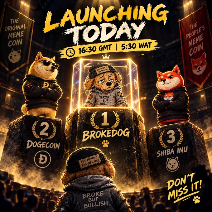 A promotional graphic announces 'LAUNCHING TODAY' at '16:30 GMT | 5:30 WAT', featuring a 'BROKEDOG' character on a first-place podium flanked by 'DOGECOIN' in second and 'SHIBA INU' in third, with text declaring 'THE ORIGINAL MEME COIN' and 'THE PEOPLE'S MEME COIN.'