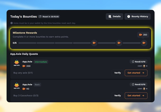 A dark-themed dashboard titled "Today's Bounties" displays a Milestone Rewards progress bar with 350 BP at the top, and lists App.Axie Daily Quests like "Buy any axie" (200 BP) and "Buy 3 Cocochoco" (40 BP), each with Verify and Get started buttons.