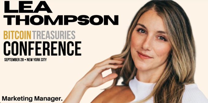 Conference promotional banner for 'LEA THOMPSON' at the 'BITCOIN TREASURIES CONFERENCE' on September 28 in New York City, identifying her as a Marketing Manager.