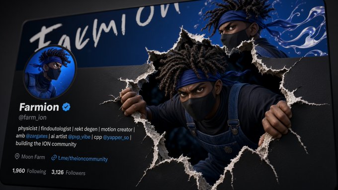 A Twitter/X profile banner for 'Farmion' (@farm_ion), an artist in the ION community, featuring an anime-style character with dreadlocks and a face mask breaking through a wall.