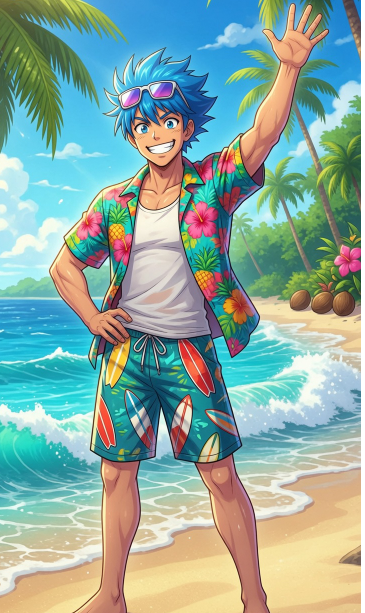 A vibrant anime-style character with blue spiky hair waves cheerfully from a tropical beach, wearing a floral Hawaiian shirt, surfboard-patterned shorts, and sunglasses, with palm trees and coconuts framing the sunny scene. The carefree, "good vibes" beach aesthetic visually echoes the post's theme of healthy daily habits and well-being, suggesting that lifestyle choices (like good sleep) can be both enjoyable and valuable assets in the AI age.