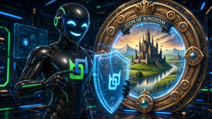 A digital illustration of a black robot with a smiling face holding a glowing blue shield, standing next to a golden portal labeled 'GEM OF KINGDOM' showing a fantasy castle.