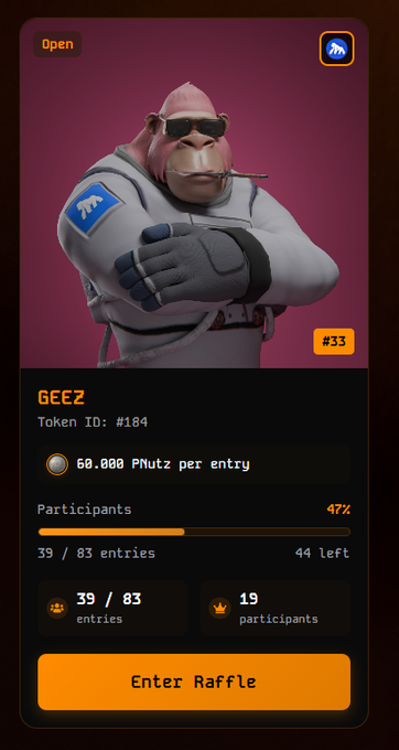 A raffle entry screen for a character named GEEZ (Token ID: #184) priced at 60,000 PNutz per entry, showing 39/83 entries with 44 left, and an "Enter Raffle" button.