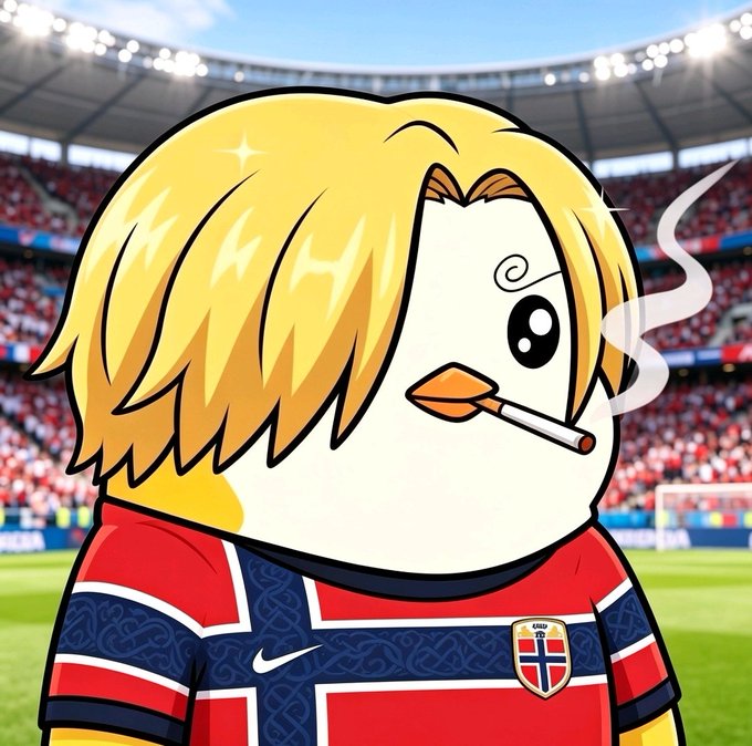 A cartoon chicken wearing a Norwegian soccer jersey smokes a cigarette with a stadium and crowd in the background, fitting the post's theme of observing market developments. The image features a Nike logo on the jersey.