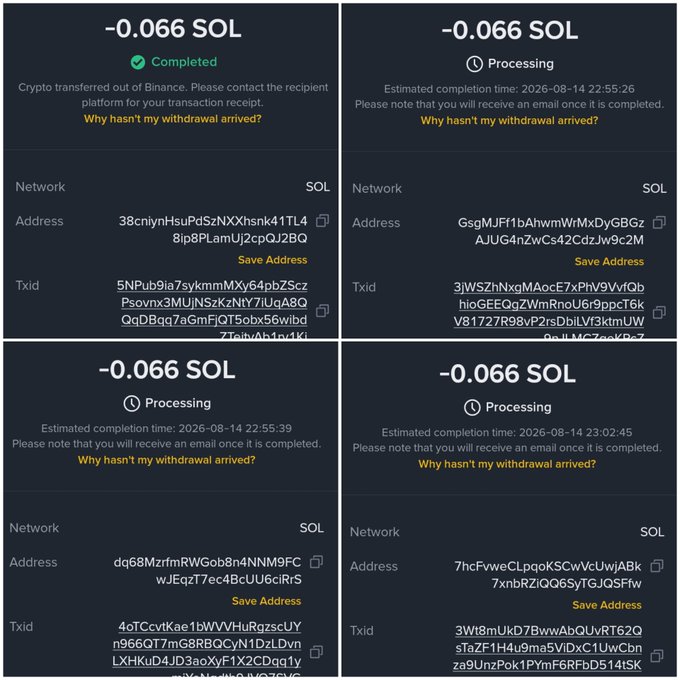 A screenshot showing four completed and pending cryptocurrency transactions of 0.066 SOL each, with transaction IDs, wallet addresses, and timestamps from August 14, 2026, appearing to serve as proof of SOL (Solana) giveaway payouts sent to winners.