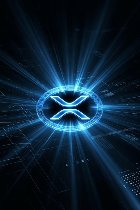 A glowing blue XRP (Ripple) cryptocurrency logo surrounded by radiating light rays on a dark background with digital patterns.