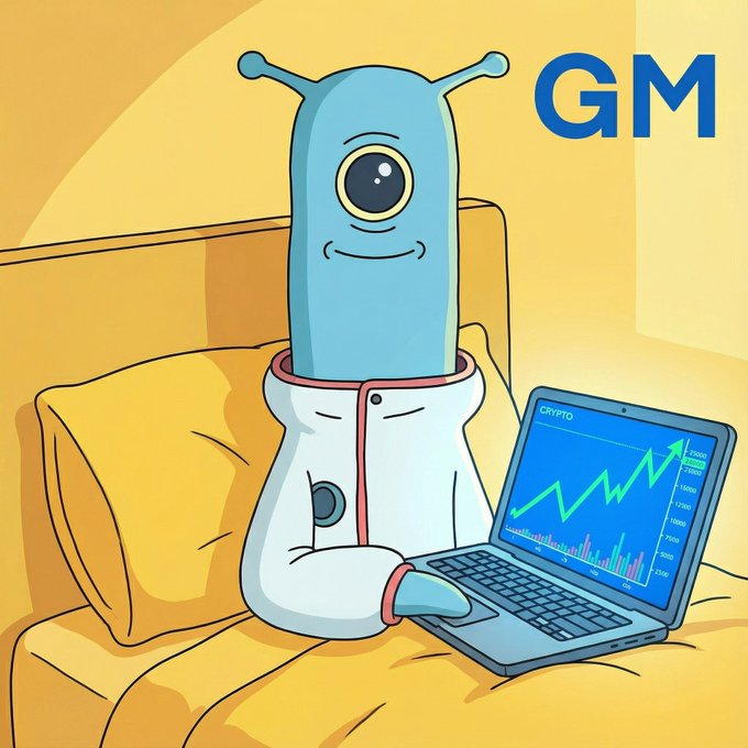 A cartoon illustration of a blue alien character in pajamas sitting in bed using a laptop displaying a rising crypto chart, with the text 'GM' in blue letters.