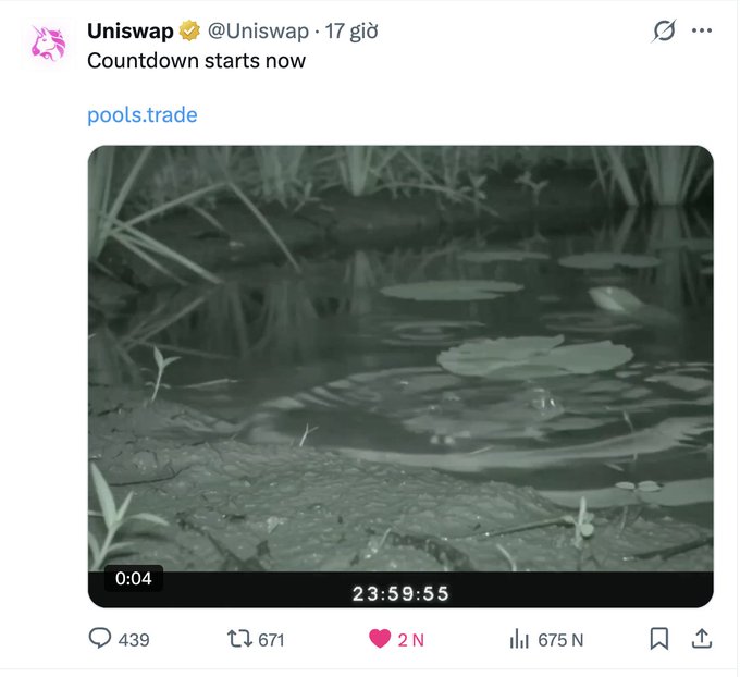 The image shows a tweet from the verified @Uniswap account posted 17 hours ago, featuring a video of a pond with lily pads and a 24-hour countdown timer (23:59:55 remaining) alongside the link "pools.trade." The post relates to the accompanying caption by teasing Uniswap's first Launchpad "Poolstrade" with a countdown, hinting at the upcoming launch that has sparked anticipation and selling pressure on competing Launchpad tokens like PONS.