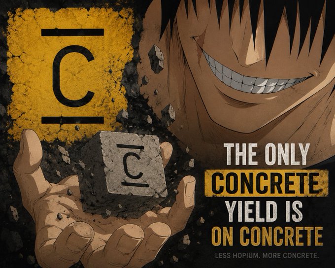 Anime-style promotional graphic featuring a grinning character holding concrete debris, with text reading 'THE ONLY CONCRETE YIELD IS ON CONCRETE - LESS HOPIUM. MORE CONCRETE.'