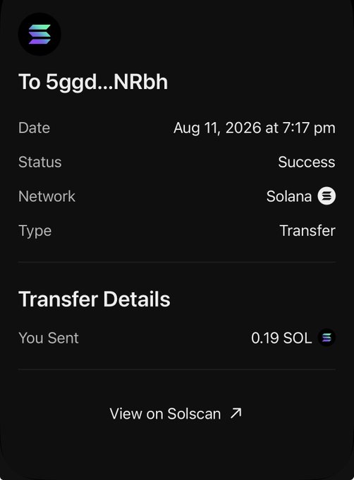 A screenshot of a completed Solana transaction showing a transfer of 0.19 SOL (approximately $15) to the address "5ggd...NRbh" on August 11, 2026, confirming the $15 payment mentioned in the post.