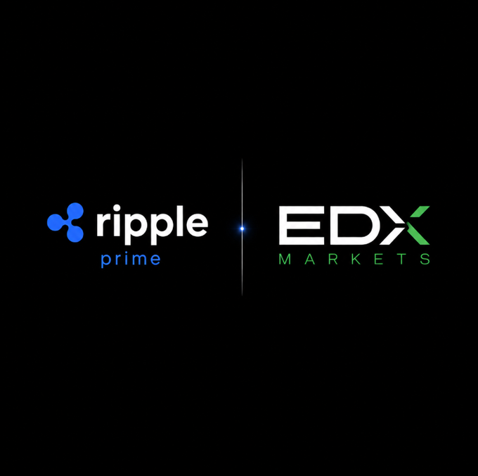 A black background displaying the logos of 'ripple prime' (with the blue Ripple symbol) and 'EDX MARKETS' (in white and green text) separated by a small vertical line and light flare.