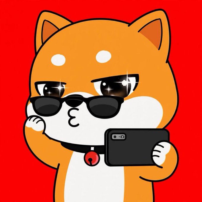 A cartoon illustration of a cute orange and white Shiba Inu-style dog wearing dark sunglasses, a red bell collar, and holding a black smartphone while taking a selfie against a bright red background, with its other paw making a kissing gesture.