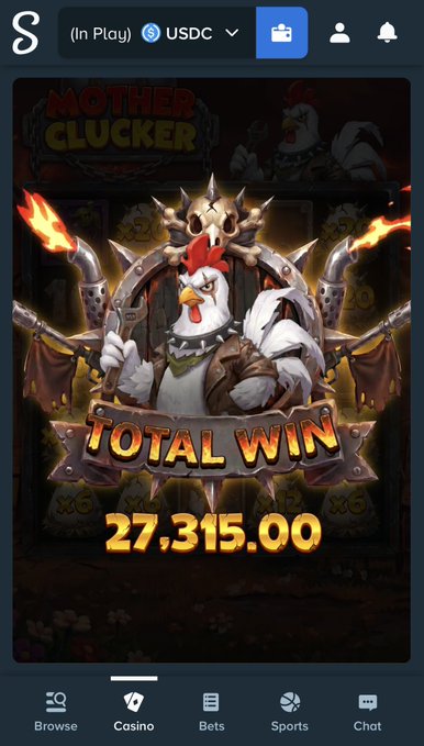 This image displays a "TOTAL WIN" of 27,315.00 on the "MOTHER CLUCKER" slot game, likely confirming the user's claim. The "@Stake" branding is subtly present at the top left corner.
