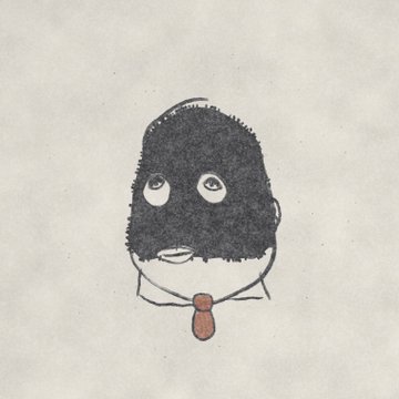 A simple black-and-white sketch on textured paper of a man's face where his beard and hair are rendered as a solid dark shape, wearing a white collared shirt and a small red tie.