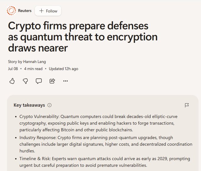 A Reuters article headlined 'Crypto firms prepare defenses as quantum threat to encryption draws nearer' by Hannah Lang, with key takeaways about quantum vulnerability to elliptic-curve cryptography and risks as early as 2029.