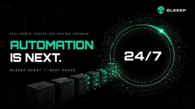 A promotional graphic for Bleep Agent titled 'AUTOMATION IS NEXT,' featuring the tagline 'REAL-WORLD ASSETS ARE MOVING ONCHAIN' and 'BLEEEP AGENT // NEXT PHASE' alongside a 24/7 indicator and a green glowing circular design.
