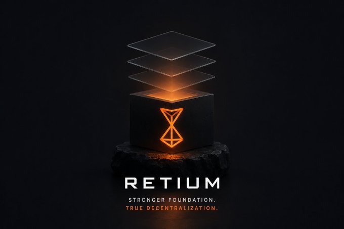 The image features a black cube with an orange triangle symbol, which is the logo for the cryptocurrency Retium. The text "Retium" is written below the logo, indicating that this is the cryptocurrency being discussed. The image also includes a caption that reads "The future of blockchain will not be defined by how many layers we add, but by how strong the foundation becomes", suggesting that the focus should be on the strength and integrity of the underlying technology rather than the number of layers or the complexity of the system.