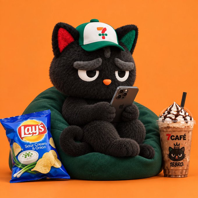 A 3D-rendered black cat character wearing a 7-Eleven cap and green sweater, sitting on a beanbag while holding a smartphone, flanked by a bag of Lay's Sour Cream & Onion chips and a 7CAFE drink with '18BRO' branding.