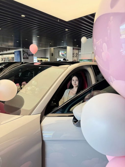 A woman sits in the driver's seat of a light-colored car inside a dealership showroom, surrounded by pink and white balloons that frame the scene. The celebratory balloon display and her proud pose in the new vehicle reflect the post's message of celebrating her sister's long-term investment and success in achieving a career milestone—likely the purchase of her first business car.