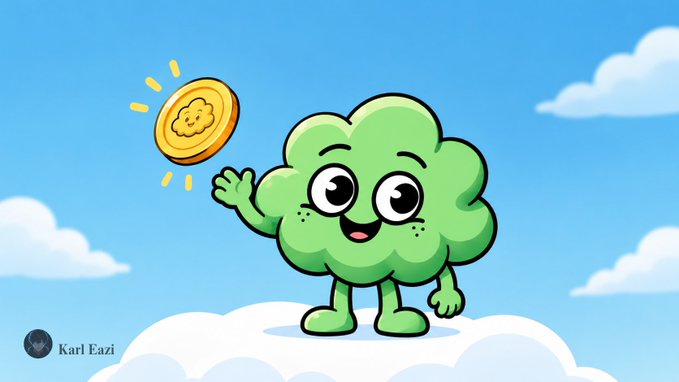 A cheerful green cartoon cloud-like character waves while holding up a glowing golden coin against a blue sky background, with the watermark 'Karl Eazi' visible in the corner.