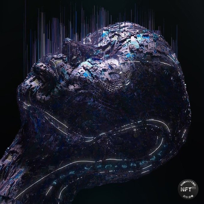 A digital artwork titled "The Vanishment" by ASNAEI depicts a futuristic cybernetic skull with intricate circuitry and glowing blue accents, rising against a dark background with vertical light streaks. The image includes an "NFT NYC 2020" badge and aligns with the post's promotion of a limited-edition NFT collection offering 1,000 T-XP for sign-ups.