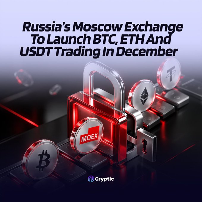A promotional graphic from Cryptic announces that Russia's Moscow Exchange (MOEX) will launch BTC, ETH, and USDT crypto trading in December, featuring a stylized 3D padlock design alongside Bitcoin and Ethereum coin icons with red neon accents.