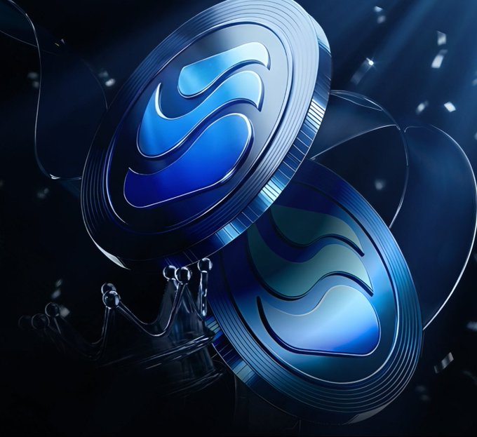 Two blue metallic coins with a stylized 'S' logo float against a dark background with light effects.
