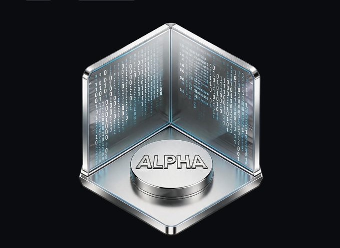 A 3D graphic showing a silver button labeled 'ALPHA' in front of two transparent screens displaying scrolling binary code on a black background.