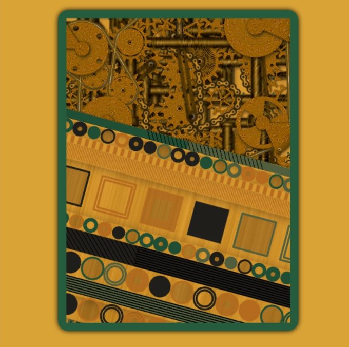 Abstract steampunk-style illustration featuring gold mechanical gears and colorful geometric patterns, including circles and squares in green, yellow, and orange tones, framed by a green border on a yellow background.