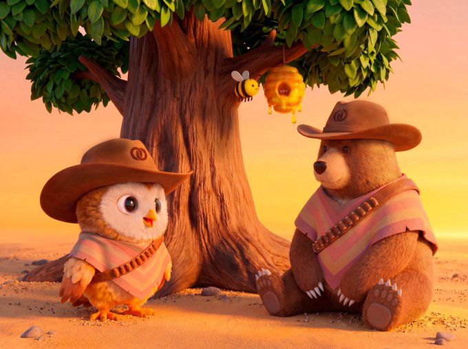 The image features two cartoon bears, one wearing a cowboy hat and the other dressed like an owl, sitting under a tree with a beehive hanging from its branches. The bear in the cowboy hat appears excited about joining Bera's community, as indicated by the text on the post.