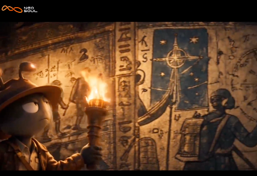 A warm, ancient-looking illustration shows explorers and researchers studying Egyptian-style hieroglyphs and star maps by torchlight, visually evoking discoveries and hidden knowledge. It accompanies the post’s congratulatory Kaito results update and notes that AXIS fell from about $0.35 to $0.27, while the channel logo reads “NEON SOUL.”