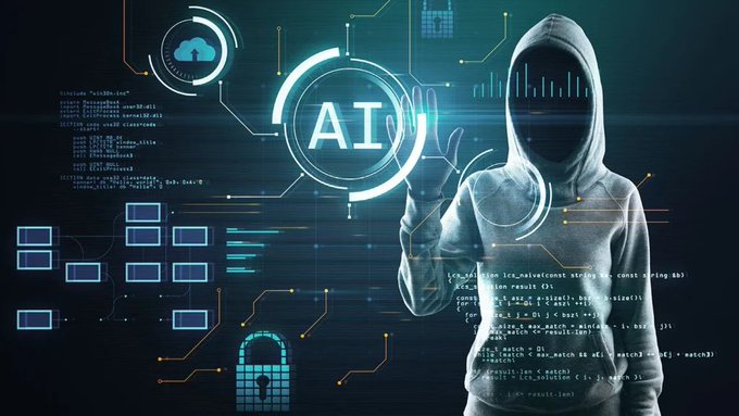 A digital graphic depicting a hooded, shadowy figure touching a glowing blue 'AI' holographic interface, surrounded by code, cloud icons, and a padlock symbol.