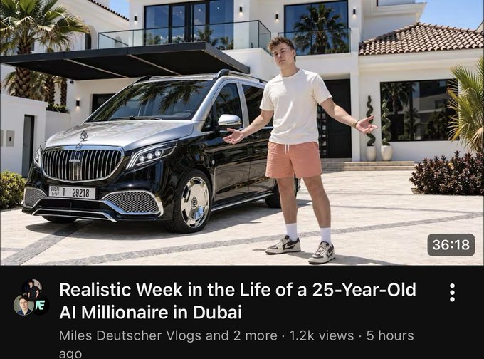 A YouTube video thumbnail titled 'Realistic Week in the Life of a 25-Year-Old AI Millionaire in Dubai' by Miles Deutscher Vlogs, showing a man standing next to a luxury black Maybach van parked at a villa.