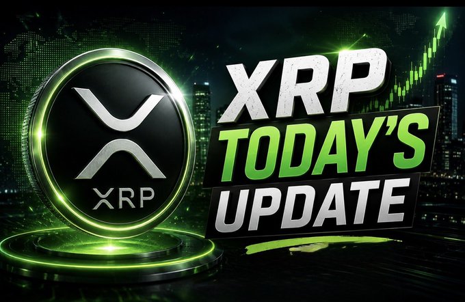 A promotional graphic for XRP featuring the cryptocurrency's silver coin logo on the left alongside bold text reading "XRP TODAY'S UPDATE" in white and green lettering. A green candlestick chart trending upward in the background reinforces the post's message about XRP's recent recovery and bullish momentum.