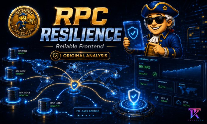 A promotional graphic titled "RPC RESILIENCE: Reliable Frontend" featuring a cartoon pirate character holding a shield, alongside a world map highlighting healthy RPC nodes, a frontend status dashboard showing 99.99% uptime, 142ms response time, and 0.01% error rate, with TLS 1.3 security and CDN active — visually reinforcing the post's analysis of GEORGE token's underlying RPC infrastructure security.