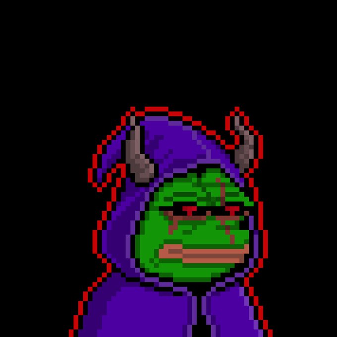 Pixel art of a green-skinned character in a purple hooded outfit with horns, featuring a smiling face, outlined in red.