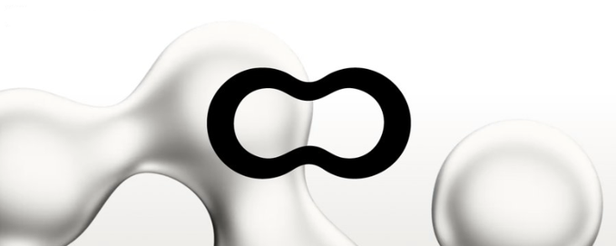 A minimalist 3D render of glossy white abstract liquid/blob shapes alongside a black infinity symbol on a white background.