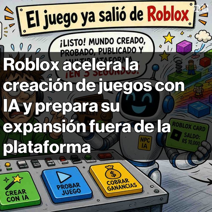 A Spanish-language illustrated graphic about Roblox announces "Roblox acelera la creación de juegos con IA y prepara su expansión fuera de la plataforma" with cartoon characters and buttons labeled "CREAR CON IA," "PROBAR JUEGO," and "COBRAR GANANCIAS."