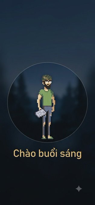 A pixel art image of a bearded man in a green shirt holding a cup, with the text "Chào buổi sáng" (Vietnamese for "Good morning") below.