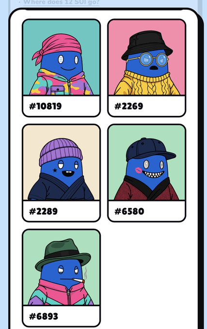 A webpage titled 'Where does 12 SUI go?' displaying five blue cartoon characters with different hats and clothing, each labeled with a hash code like #10819, #2269, #2289, #6580, and #6893.