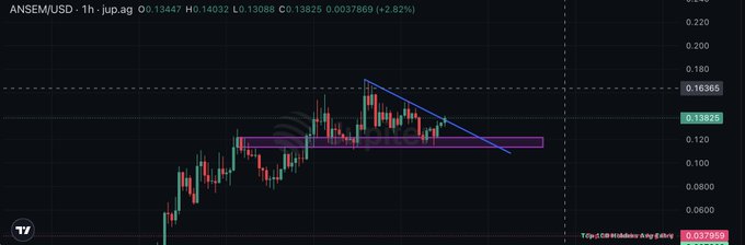 The image shows a 1-hour candlestick chart of ANSEM/USD with a current price of 0.13825 and a +2.82% gain, featuring a descending trendline and a highlighted horizontal support zone around the 0.12 level. This technical setup visually supports the post's bullish thesis, illustrating how ANSEM has been consolidating above key support and is now approaching the critical breakout level that could signal a break past the 200M market cap ceiling referenced for SOL memecoins.