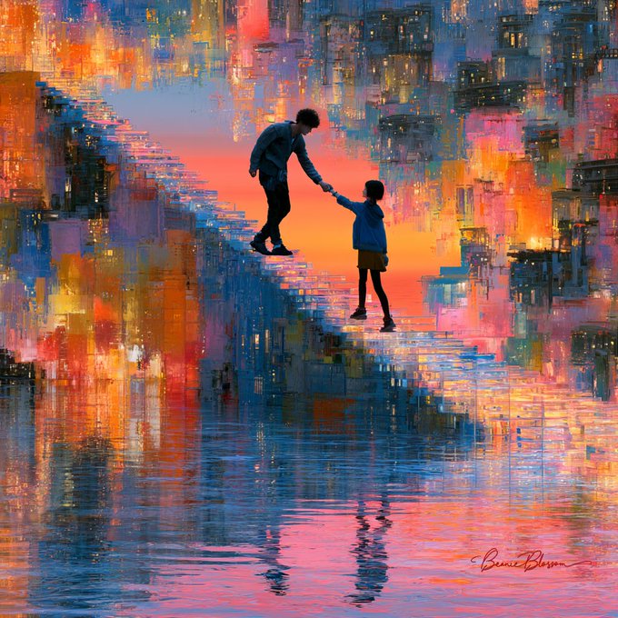 The image shows a vibrant, impressionistic painting of a father and child climbing a glowing staircase, holding hands, set against a colorful cityscape reflected in water below, signed "Bonnie Benson" in the corner. It visually represents the accompanying post about the artwork "Where Progress Becomes Care" being selected for the 2026 Metaverse Gallery, capturing a tender moment that symbolizes care guiding forward progress.
